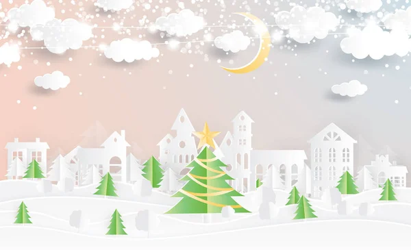 Kerstdorp Kerstboom Papier Knippen Stijl Winterlandschap Met Maan Wolken Neon — Stockvector