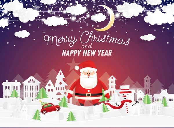 サンタ クロースと雪だるまクリスマス村紙のカット スタイル 赤いトラックを運ぶクリスマス ツリー 月と雲と冬の風景 ベクトルの図 メリー クリスマスと新年あけましておめでとうございます — ストックベクタ
