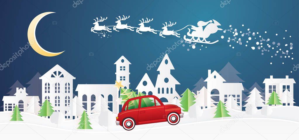 Christmas Village and Santa Claus in Sleigh in Paper Cut Style. Red Truck Carry Christmas Tree. Winter Landscape with Moon. Vector Illustration. Merry Christmas and Happy New Year.