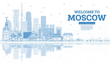 Moskova Rusya manzarası mavi binalar ve yansımaları ile hoş geldiniz anahat. Vektör çizim. İş seyahat ve Turizm kavramı Modern mimariye sahip. Moskova Cityscape yerler ile.