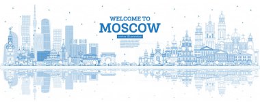 Moskova Rusya manzarası mavi binalar ve yansımaları ile hoş geldiniz anahat. Vektör çizim. İş seyahat ve Turizm kavramı Modern mimariye sahip. Moskova Cityscape yerler ile.