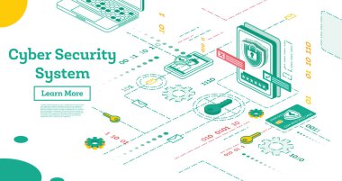 Anahat siber güvenlik kavramı. İzometrik çizimde beyaz izole. Veri koruma kavramı. Kredi kartı onay ve yazılım erişim veri gizli olarak. Vektör çizim.