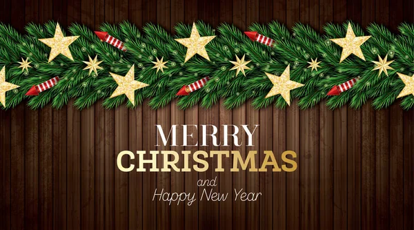 クリスマス ツリーの枝 赤いロケット木製の背景に金色の星とクリスマスのグリーティング カード メリークリスマス 明けましておめでとう ベクトル図 — ストックベクタ