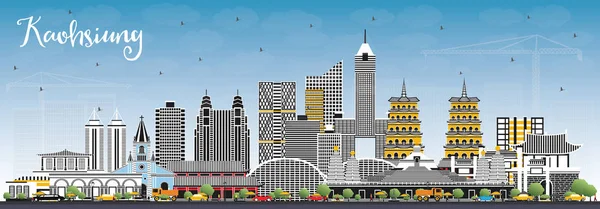 Kaohsiung Taiwan City Skyline Gray Buildings Blue Sky Inglés Ilustración — Vector de stock