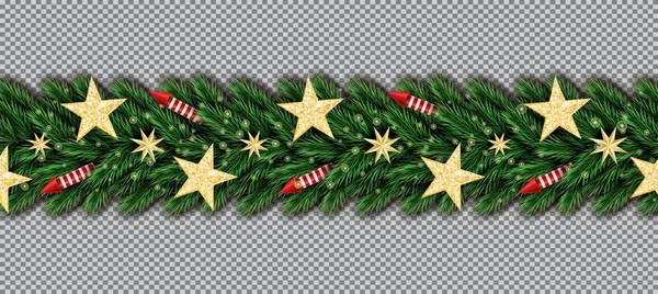 クリスマス黄金キラキラ星 クリスマス ツリーの枝および透明な背景の赤いロケットの境界線 ベクトルの図 モミ枝国境 — ストックベクタ