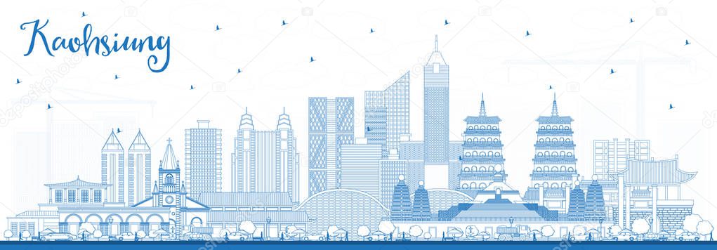 Outline Kaohsiung Taiwan City Skyline with Blue Buildings. Vector Illustration. Business Travel and Tourism Concept with Historic Architecture. Kaohsiung China Cityscape with Landmarks.