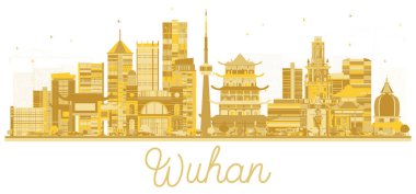 Wuhan Çin şehir manzarası siluet altın beyaz izole binalar. Vektör çizim. İş seyahat ve Turizm kavramı Modern mimariye sahip. Wuhan Cityscape yerler ile.