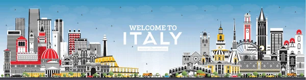 Bienvenido Italia Skyline Con Edificios Grises Cielo Azul Monumentos Famosos — Archivo Imágenes Vectoriales