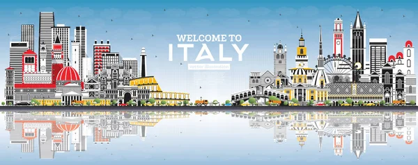 Bienvenue Italy City Skyline Avec Bâtiments Gris Ciel Bleu Reflets — Image vectorielle