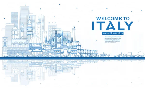 Esquema Bienvenido Italy City Skyline Con Edificios Azules Reflexiones Monumentos — Archivo Imágenes Vectoriales