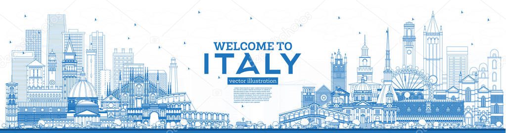 Outline Welcome to Italy Skyline with Blue Buildings. Famous Landmarks in Italy. Vector Illustration. Business Travel and Tourism Concept with Historic Architecture. Italy Cityscape with Landmarks.