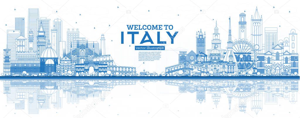 Outline Welcome to Italy City Skyline with Blue Buildings and Reflections. Famous Landmarks in Italy. Vector Illustration. Travel and Tourism Concept with Historic Architecture. Italy Cityscape with Landmarks.