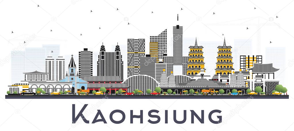 Kaohsiung Taiwan City Skyline with Gray Buildings Isolated on White. Vector Illustration. Business Travel and Tourism Concept with Historic Architecture. Kaohsiung China Cityscape with Landmarks. 