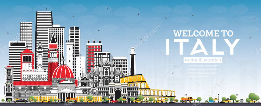 Welcome to Italy Skyline with Gray Buildings and Blue Sky. Famous Landmarks in Italy. Vector Illustration. Business Travel and Tourism Concept with Historic Architecture. Italy Cityscape with Landmarks.