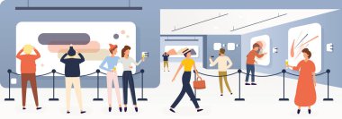 Sergi ziyaretçiler, Çağdaş Sanat Galerisi veya Bienali Modern resim sergisi ile ilgilenen turistler. Vektörel çizimler. Furshet. Müze iç. Bardak şampanya ile kadın ve erkek.