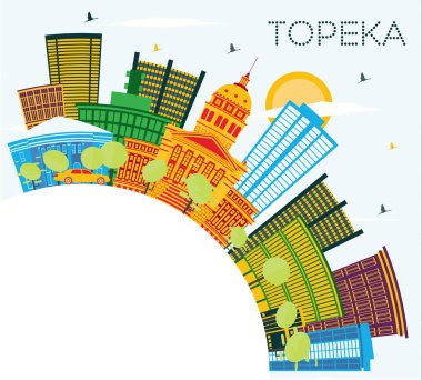 Topeka Kansas ABD şehir manzarası renkli binalar, mavi gökyüzü ve kopya alanı. Vektör çizim. İş seyahat ve Turizm kavramı Modern mimariye sahip. Topeka Cityscape yerler ile.
