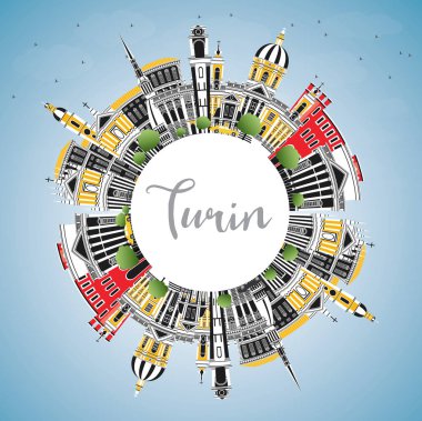 Torino İtalya şehir manzarası renkli binalar, mavi gökyüzü ve kopya alanı. Vektör çizim. İş seyahat ve Turizm kavramı Modern mimariye sahip. Turin Cityscape yerler ile.