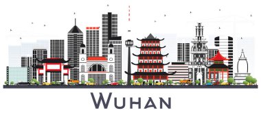 Wuhan Çin şehir manzarası ile gri beyaz izole binalar. Vektör çizim. İş seyahat ve Turizm kavramı Modern mimariye sahip. Wuhan Cityscape yerler ile.