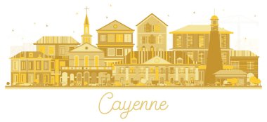 Cayenne Fransız Guyanası şehir manzarası siluet altın beyaz izole binalar. Vektör çizim. Modern mimarisi ile turizm kavramı. Cayenne Cityscape yerler ile.