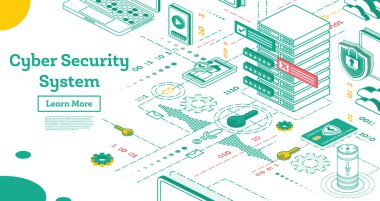 Anahat siber güvenlik kavramı. İzometrik çizimde beyaz izole. Veri koruma kavramı. Kredi kartı onay ve yazılım vektör çizim. Cryptocurrency ve Blockchain kavramı.