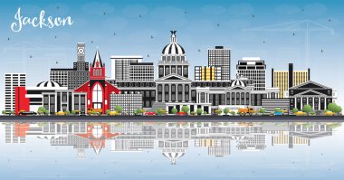 Jackson Mississippi şehir manzarası ile gri binalar, mavi gökyüzü ve yansımaları. Vektör çizim. İş seyahat ve Turizm kavramı tarihi mimarisi ile. Jackson Usa Cityscape yerler ile.