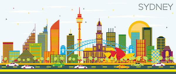 Sydney Australia City Skyline with Color Buildings and Blue Sky. Vector Illustration. Business Travel and Tourism Concept with Modern Architecture. Sydney Cityscape with Landmarks.