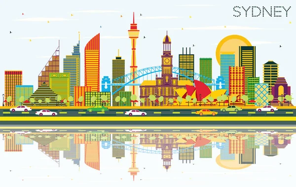 Sydney Australia City Skyline Avec Bâtiments Colorés Ciel Bleu Reflets — Image vectorielle