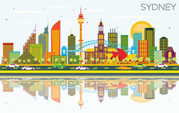 Sydney Australia City Skyline with Color Buildings, Blue Sky and Reflections. Vector Illustration. Business Travel and Tourism Concept with Modern Architecture. Sydney Cityscape with Landmarks.