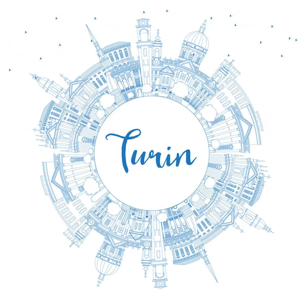 Outline Torino City Skyline Con Edifici Blu Spazio Copia Illustrazione — Vettoriale Stock
