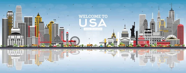 欢迎来到拥有灰色建筑 蓝天和反射的 Usa 天际线 Usa 著名的地标 矢量插图 具有历史建筑的旅游理念 带有地标的 Usa — 图库矢量图片