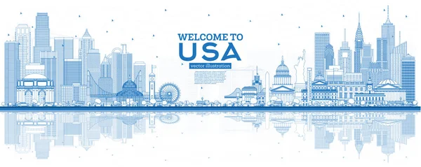 Aperçu Bienvenue Usa Skyline Avec Blue Buildings Reflections Repères Célèbres — Image vectorielle