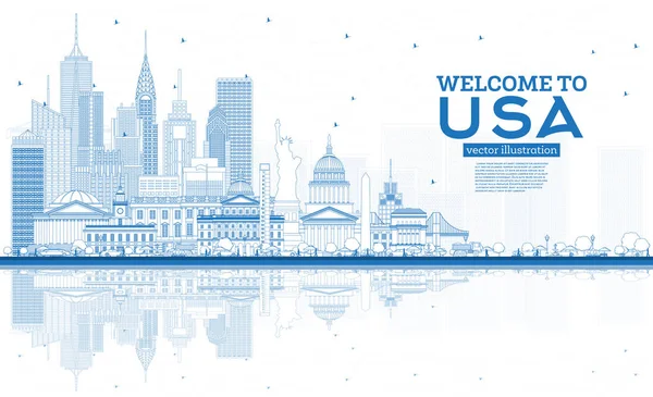 Willkommen Der Skyline Der Usa Mit Ihren Blauen Gebäuden Und — Stockvektor