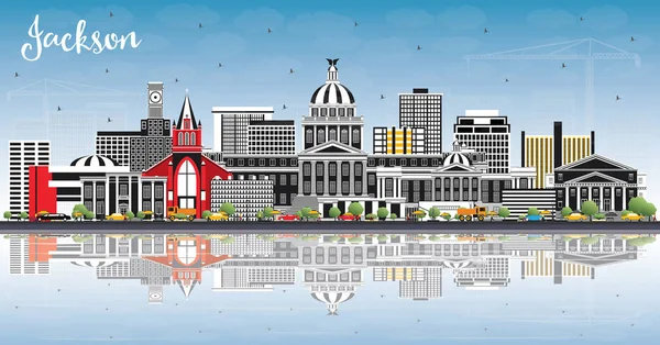 Jackson Mississippi Stadssilhuetten Med Grå Byggnader Blå Himmel Och Reflektioner — Stock vektor