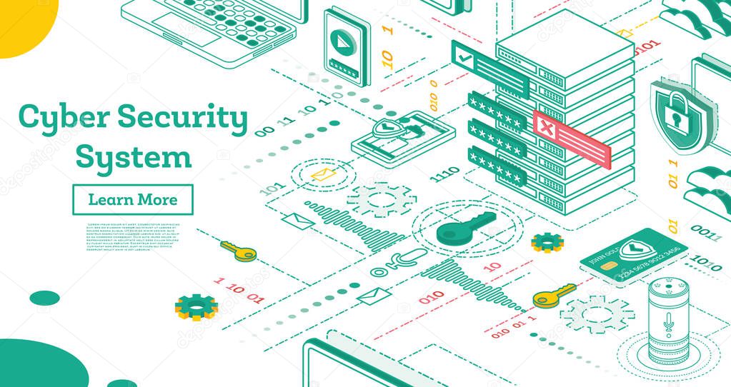 Outline Cyber Security Concept. Isometric Illustration Isolated on White. Data Protection Concept. Credit Card Check and Software Vector Illustration. Cryptocurrency and Blockchain Concept.