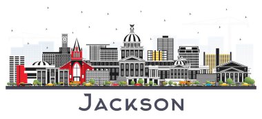 Gri beyaz izole binalar ile Jackson Mississippi şehir manzarası. Vektör çizim. İş seyahat ve Turizm kavramı tarihi mimarisi ile. Jackson Usa Cityscape yerler ile. 