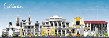 Catania İtalya şehir manzarası ile gri binalar ve mavi gökyüzü. Vektör çizim. İş seyahat ve Turizm kavramı tarihi mimarisi ile. Catania Sicilya Cityscape yerler ile.