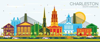 Charleston Güney Carolina şehir manzarası renkli binalar ve mavi gökyüzü. Vektör çizim. İş seyahat ve Turizm kavramı tarihi mimarisi ile. Charleston Cityscape yerler ile.