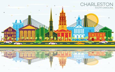 Charleston South Carolina City Skyline with Color Buildings, Blue Sky and Reflections. Vector Illustration. Business Travel and Tourism Concept with Historic Architecture. Charleston Cityscape with Landmarks.