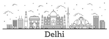Delhi India City Skyline 'ın ana hatları. Tarihi Binalar beyazlar üzerinde izole edilmiş. Vektör İllüstrasyonu. Tarihi Simgelerle Delhi Şehir Manzarası.