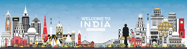 欢迎来到印度城市天际线与彩色建筑和蓝天 班加罗尔 海得拉巴 加尔各答 帕特纳 维沙卡帕特南 矢量插图 — 图库矢量图片