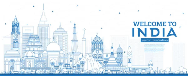 Outline Welcome India City Skyline Blue Buildings Delhi Mumbai Bangalore — стоковий вектор