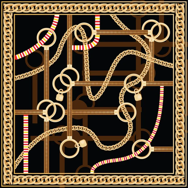 图案与黄金链和皮带的面料设计 矢量插图 丝巾设计 — 图库矢量图片