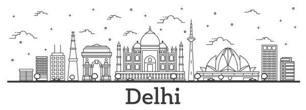 Delinear Delhi India City Skyline Con Edificios Históricos Aislados Blanco — Vector de stock