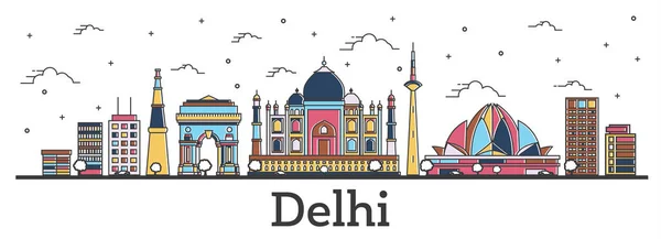 Outline Delhi India City Skyline Color Buildings Isolated White Vector — Stock Vector