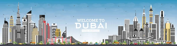 Witamy Dubai Uae Skyline Szarości Budynków Błękitne Niebo Ilustracja Wektorowa — Wektor stockowy