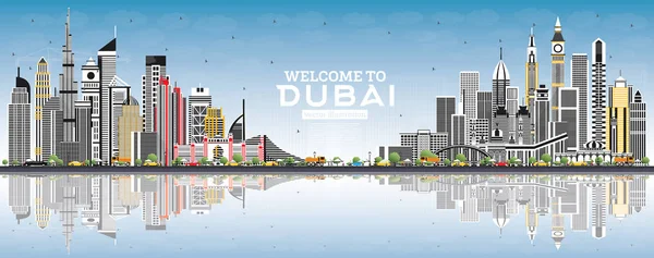 Bem Vindo Dubai Uae Skyline Com Edifícios Cinzentos Céu Azul —  Vetores de Stock