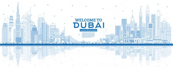 Zarys Zapraszamy Dubaju Zea Niebieskie Budynki Refleksje Ilustracja Wektorowa Podróże — Wektor stockowy