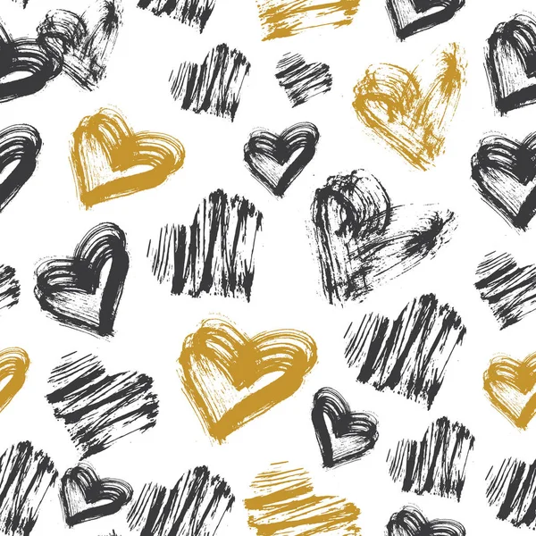 Seamless Heart Pattern Black White Gold Ink Pattern Vector Illustration — Stock Vector