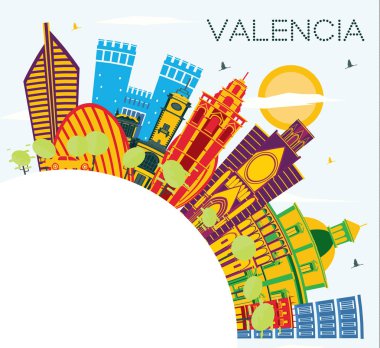Valencia İspanya şehir manzarası renkli binalar, mavi gökyüzü ve kopya alanı. Vektör çizim. İş seyahat ve Turizm kavramı tarihi mimarisi ile. Valencia Cityscape yerler ile.