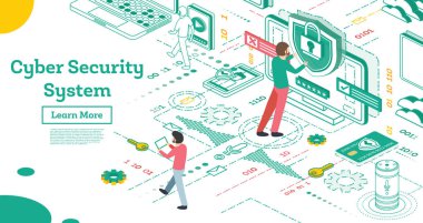 Anahat siber güvenlik kavramı. İzometrik çizimde beyaz izole. Veri koruma kavramı. Kredi kartı onay ve yazılım erişim veri gizli olarak. Vektör çizim. 